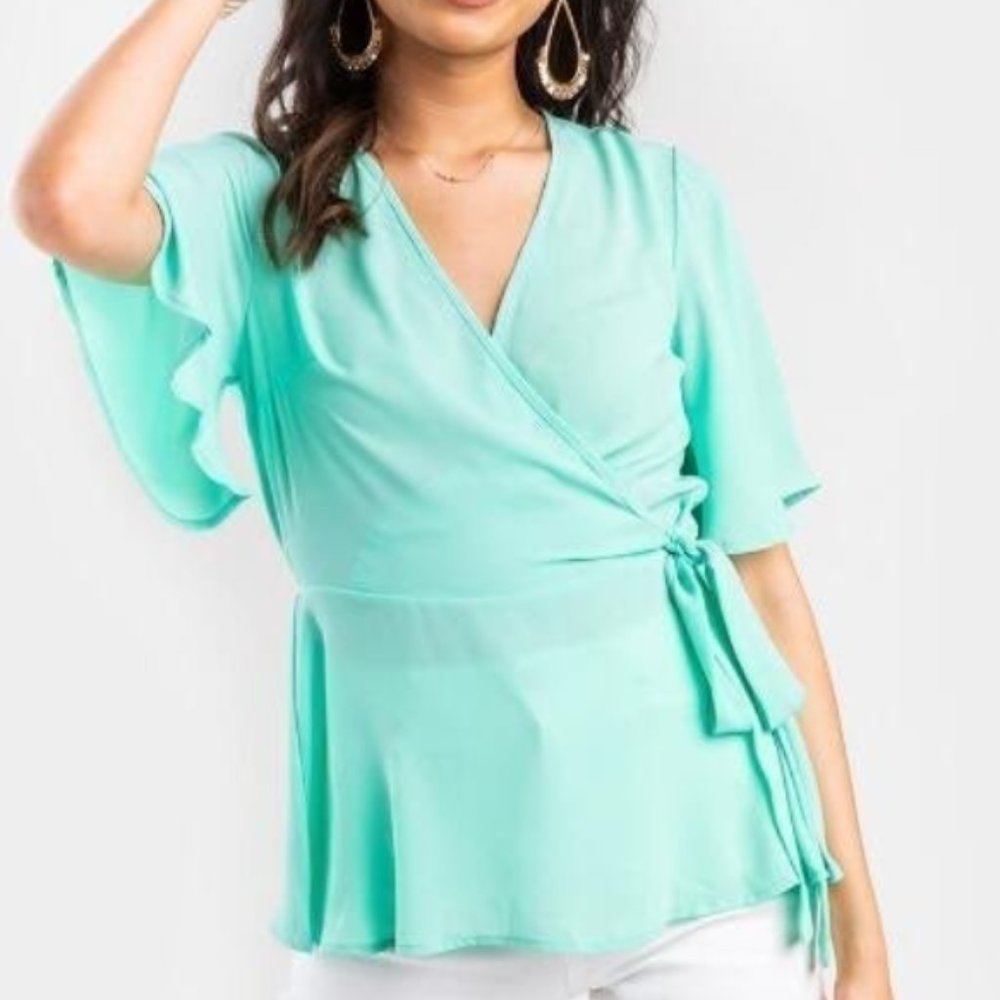 NWT Francesca's Collections Dee Elly Mint Green Gal Wrap Top Blouse Size XS
